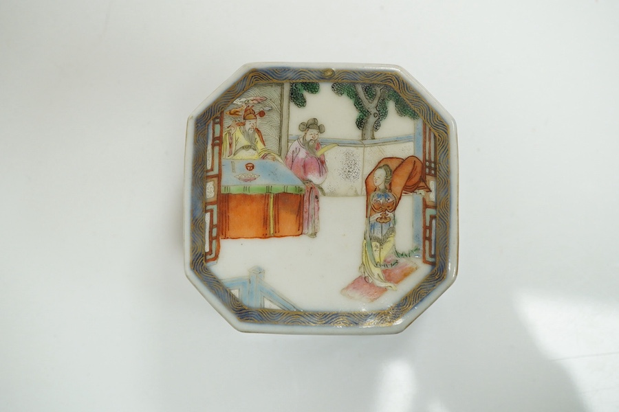 A Chinese famille rose seal paste box and cover, Jiaqing four character seal mark and of the period (1796-1820), 6cm wide. Condition - section of base broken and re-glued